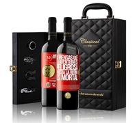 «Si piensas que la aventura es peligrosa prueba la...» Mensaje en una Botella. Estuche-Maletín de LUJO 2x Vino Tinto Premium Reserva 12 Meses y Set de 4 Accesorios. Etiqueta Roja PERSONALIZABLE