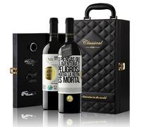 «Si piensas que la aventura es peligrosa prueba la...» Mensaje en una Botella. Estuche-Maletín de LUJO 2x Vino Tinto Premium Reserva 12 Meses y Set de 4 Accesorios. Etiqueta Blanca PERSONALIZABLE