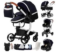 Sianldcone Cuero PU Carrito Bebe 3 en 1, Tejidos de Primera Calidad Carro Bebe 3 Piezas, Empuje Bidireccional Carros Para Bebes, Visión Abierta Silla Paseo Reversible (L518 Silver Blue)