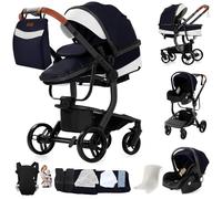 Sianldcone Cuero PU Carrito Bebe 3 en 1, Tejidos de Primera Calidad Carro Bebe 3 Piezas, Empuje Bidireccional Carros Para Bebes, Visión Abierta Silla Paseo Reversible (L518 Black Blue)