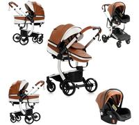 Sianldcone Cuero PU Carrito Bebe 3 en 1, Tejidos de Primera Calidad Carro Bebe 3 Piezas, Empuje Bidireccional Carros Para Bebes, Visión Abierta Silla Paseo Reversible (518 Khaki)