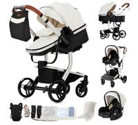 Sianldcone Cuero PU Carrito Bebe 3 en 1, Tejidos de Primera Calidad Carro Bebe 3 Piezas, Empuje Bidireccional Carros Para Bebes, Visión Abierta Silla Paseo Reversible (L518 White)
