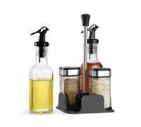 SIAZIH Juego de tarros de especias giratorios, 2 tarros de especias de 120 ml, rectangulares, 1 estante para especias, 2 botellas de aceite de vinagre de 200 ml, tarros de especias para especias, sal