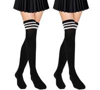 Sibba 2 pares de calcetines altos hasta la rodilla, a rayas negras, calcetines altos hasta el muslo para mujeres y niñas, calcetines largos por encima de la rodilla, calcetines largos para uso diario,