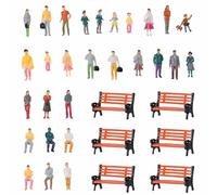 Sibba Juego de 100 mini figuras de personas y 6 bancos, escala 1:100, juguetes de gente pequeña, modelo pequeño, pasajeros sentados y de pie para escenas en miniatura, diseño de tren