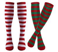Sibba Striped Long Socks Tights Costume Color Sox Stockings Shoes Accessories Red Knee-High Christmas Clothes Gothic for School Halloween Cosplay Party Girl Women, Rojo Con Verde, 65 x 8 cm / 25.6 x