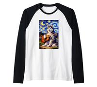 Siberian Husky Playing Guitar Whimsical Art Music Camping Camiseta Manga Raglan