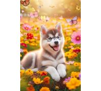 Siberian Husky Puppy in a field of colorful flowers Notebook - Large 6 x 9 inches - 127 Pages