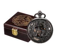 SIBOSUN Relojes de bolsillo mecánicos para hombre y caja de reloj de bolsillo con patrón Wodden reloj de bolsillo organizador para reloj de bolsillo Lucky Phoenix y Dragon Skeleton reloj de bolsillo