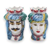 SICILIA BEDDA CAPACI Coppia Teste di Moro in Ceramica Caltagirone, h 13/14 cm ca. Corona e Turbante, Multicolore M01