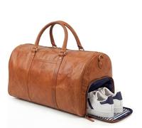 SID & VAIN Skyler - Bolsa de viaje grande de piel auténtica para el fin de semana, con correa para el hombro, hecha a mano, color marrón, Marrón con compartimento para zapatos, Bolsa de