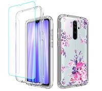 Sidande Funda para Redmi Note 8 Pro M1906G7I con Protector de Pantalla de Cristal Templado Carcasa Transparente con Diseño Floral TPU Flexible Funda para Xiaomi Redmi Note 8 Pro Rosas