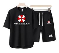 SIDHU Conjunto De Camiseta De Manga Corta con Cuello Redondo Y Pantalones Cortos Holgados Informales con Estampado Resident Evil Umbrella para Hombre, Ropa De Calle Transpirable,Black-XL