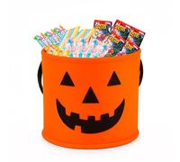 SIDRAL.Pack Halloween, Calabaza con 440 Golosinas Variadas, Caramelos masticables rellenos de frutas,10 esponjas de marsmallow, 120 Palitos masticables, 50 minicañas, sobres HORROR.