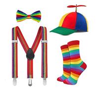SIEBOLD 4 piezas Sombrero de Hélice,con pajarita y EláStico Ajustable Tirantes,Calcetines arcoiris,Helicóptero Hélice Gorras para suministros de fiesta de disfraces de cosplay Favores Halloween