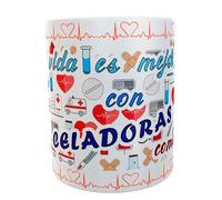 Siempre en tu mano Taza Personalizada CELADORAS. Frase La vida es mejor con CELADORAS como tú. Y tirita con NOMBRE. Taza de Cerámica.