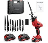 Sierra alternante eléctrica rojo para madera, sierras alternantes de velocidad variable de 0 a 4000 RPM con 8 cuchillas, sierra de madera inalámbrica de 21 V, para corte de metal y PVC con 2 baterías