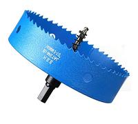 Sierra de corona de 140 mm, acero rápido HSS M42, sierra perforadora bimetálica, fresa de agujeros con vástago hexagonal y broca para madera, paneles de yeso y chapa metálica, 1 unidad, color azul