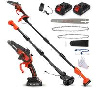 Sierra de ramas y mini motosierra a batería 2 en 1, 6-8 pulgadas podadora eléctrica sin escobillas, con 2 baterías 2000 mAh, barra extensible 1,8 m, cadena de repuesto, guantes y gafas protectoras