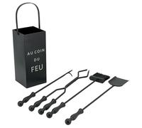 Siervo de Chimenea "En la esquina del fuego" Elegante de metal negro, juego de 4 accesorios con soporte, 72 cm, pala, escoba, pinza y Tisoner