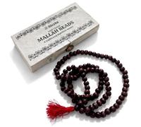 Siesta Collar de cuentas Mallah Mala de comercio justo, 108 auténticas cuentas de madera Uttis, rosario budista tradicional con borla roja, caja de regalo Lokta hecha a mano de papel con
