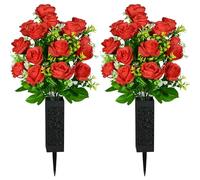 SIFOEL 2 Piezas de Flores Artificiales Cementerio con florero, Rosa Artificial Tumba Flores conmemorativas para la decoración de la lápida del Cementerio (Red)