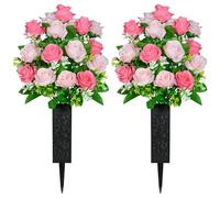 SIFOEL 2 Piezas de Flores Artificiales Cementerio con florero, Rosa Artificial Tumba Flores conmemorativas para la decoración de la lápida del Cementerio (Pink)