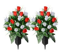 SIFOEL 2 Piezas de Flores Artificiales Cementerio con florero, Rosa Artificial Tumba Flores conmemorativas para la decoración de la lápida del Cementerio (Red&White-24T)