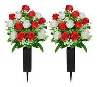 SIFOEL 2 Piezas de Flores Artificiales Cementerio con florero, Rosa Artificial Tumba Flores conmemorativas para la decoración de la lápida del Cementerio (Red & White)