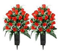 SIFOEL 2 Piezas de Flores Artificiales Cementerio con florero, Rosa Artificial Tumba Flores conmemorativas para la decoración de la lápida del Cementerio (Red-24T)