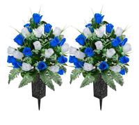 SIFOEL 2 Piezas de Flores Artificiales Cementerio con florero, Rosa Artificial Tumba Flores conmemorativas para la decoración de la lápida del Cementerio (Dark Blue&White-24T)