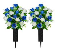 SIFOEL 2 Piezas de Flores Artificiales Cementerio con florero, Rosa Artificial Tumba Flores conmemorativas para la decoración de la lápida del Cementerio (Dark Blue & White)