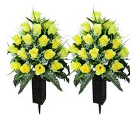 SIFOEL 2 Piezas de Flores Artificiales Cementerio con florero, Rosa Artificial Tumba Flores conmemorativas para la decoración de la lápida del Cementerio (Yellow-24T)