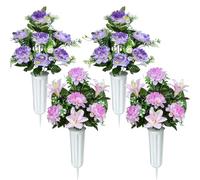 SIFOEL Flores Artificiales para Cementerio, Set de 2 Flores Artificiales para Tumba Dalia con jarrón para decoración de Cementerio, Violeta