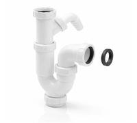 Sifón Curvo Extensible 1" 1/2 Fregadero con Toma Lavadora/Lavavajillas Ø20 mm | Racor 1" 1/2 | Salida Ø40 mm con Reducción Ø32 mm | Ajustable 27,5-33 cm | Antiolor, Antifugas | Polipropileno | Fluvia