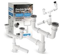 Sifón doble de 50 mm para lavabo doble con colador de desagüe, colador de metal y tapón para fregadero, sifón para fregadero, accesorios para baño, fregadero de cocina, tubo de desagüe