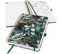 SIGEL Agenda diaria Jolie sin fecha A5 tapa dura | JP203, agenda espiral, Glamorous Leaves, 120 g/m², 240 p, verde/negro/oro