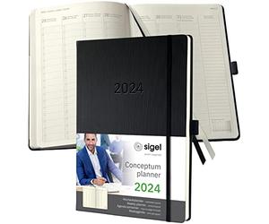 SIGEL C2418 Conceptum Agenda semanal 2024, diseño vertical, A4+, negro, tapa dura, dos páginas = una semana, 192 páginas