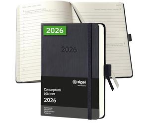 SIGEL C2611 Agenda diaria Conceptum 2026-1 año - aprox A6 - negro - una página = un día - tapa dura - 80 g/m² - 400 p - certificación PEFC