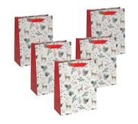 Sigel GT121/5 - Bolsas de regalo grandes de papel premium, juego de 5, blanco/dorado/rojo, con asas de cinta de seda, 26 x 33 x 12 cm, motivos navideños, acuarela, bolsas de regalo de papel de Navidad