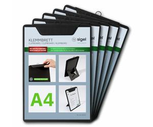 SIGEL KB100/5 - Portapapeles A4, color negro, con función atril, 5 unidades, resistentes, elegantes y con estructura de lino, resistentes y fáciles de limpiar