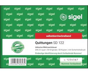 Sigel SD122 Bloc de facturas con IVA, A6, 2 x 50 hojas, numeradas, selbstdurchschreibend