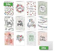 SIGEL Set de tarjetas de cumpleaños A6 | DS704, 24 tarjetas plegables «Happy Birthday», cartulina blanca, 24 sobres