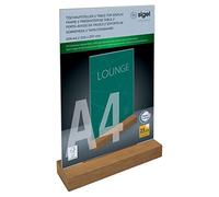 SIGEL TA256 Expositor de mesa vertical, acrílico, con base de madera de roble, para A4