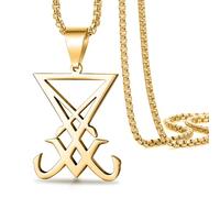 Sigil of Lucifer Collar con colgante Sello de Satanás Collar de acero inoxidable Lucifer Símbolo satánico Collar Baphomet Mano izquierda Camino Religión Joyería para hombres Mujeres (color dorado)