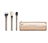 Sigma Beauty Bloom + Glow - Juego de 3 brochas de maquillaje con bolsa de maquillaje dorada y estuche de color oro rosa