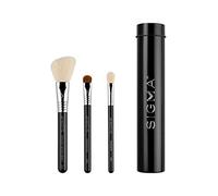 Sigma Beauty Travel Essential Trio - Juego de brochas de maquillaje para base de maquillaje en polvo, sombra de ojos, 3 brochas de herramientas con soporte de lata para pinceles, seguras para la piel,