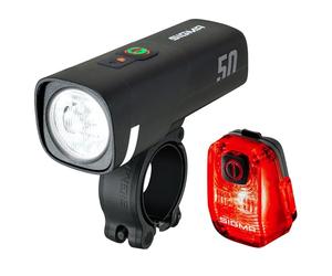 SIGMA LED Bike Light Set Aura 50/ Hiro 10 | Luz Delantera y Trasera alimentadas por batería | Juego de Luces Recargables y Resistentes a la Intemperie con USB-C