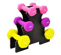 Signature Fitness Juego de 6 mancuernas de neopreno para mano, antideslizantes, no ruedan, forma hexagonal, coloridas, pares de 2/3/5 libras, 20 libras con estante