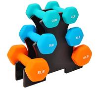 Signature Fitness Juego de 6 mancuernas de neopreno para mano, antideslizantes, no ruedan, forma hexagonal, coloridas, pares de 3/5/8 libras, juego de 32 libras con estante